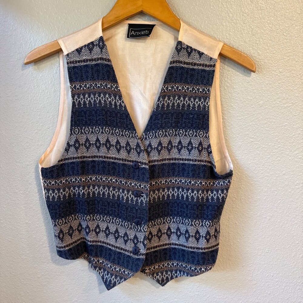 Vintage Anxiety Women's Knit Button-Up Vest Blue & Beige Diamond Pattern Large‎